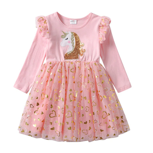 Girls Sequined Dresses Children Unicorn Print Dress Long Sleeve Birthday Party Dress Toddlers Girls Tulle Princess Dresses