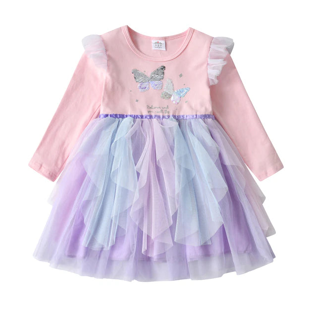 Girls Sequined Dresses Children Unicorn Print Dress Long Sleeve Birthday Party Dress Toddlers Girls Tulle Princess Dresses
