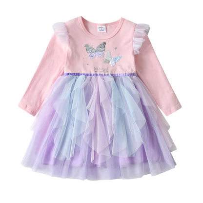 Girls Sequined Dresses Children Unicorn Print Dress Long Sleeve Birthday Party Dress Toddlers Girls Tulle Princess Dresses