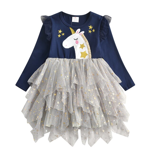 Girls Sequined Dresses Children Unicorn Print Dress Long Sleeve Birthday Party Dress Toddlers Girls Tulle Princess Dresses