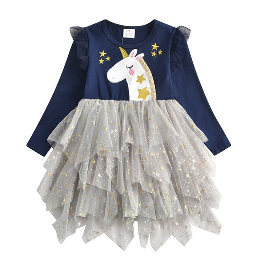 Girls Sequined Dresses Children Unicorn Print Dress Long Sleeve Birthday Party Dress Toddlers Girls Tulle Princess Dresses