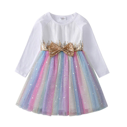 Girls Sequined Dresses Children Unicorn Print Dress Long Sleeve Birthday Party Dress Toddlers Girls Tulle Princess Dresses