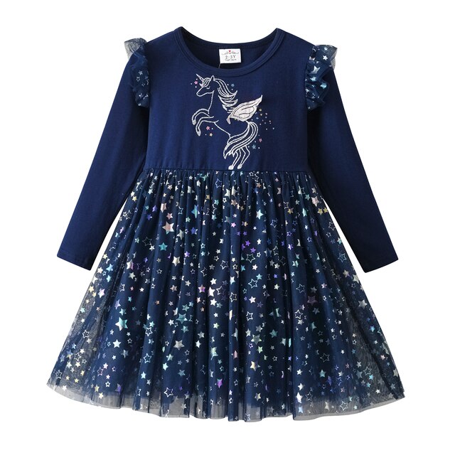 Girls Sequined Dresses Children Unicorn Print Dress Long Sleeve Birthday Party Dress Toddlers Girls Tulle Princess Dresses