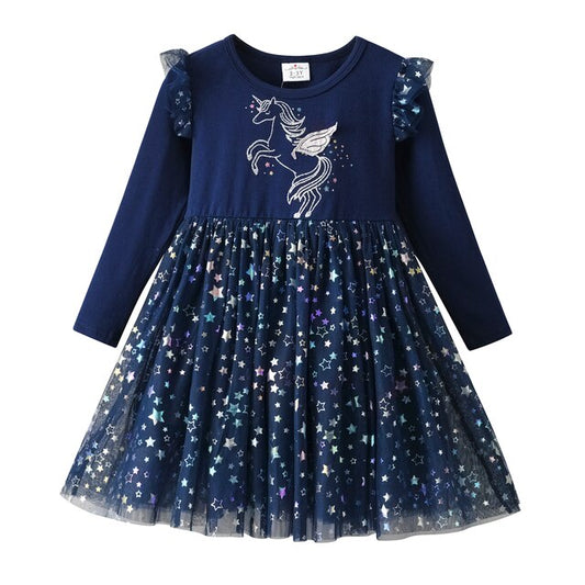 Girls Sequined Dresses Children Unicorn Print Dress Long Sleeve Birthday Party Dress Toddlers Girls Tulle Princess Dresses