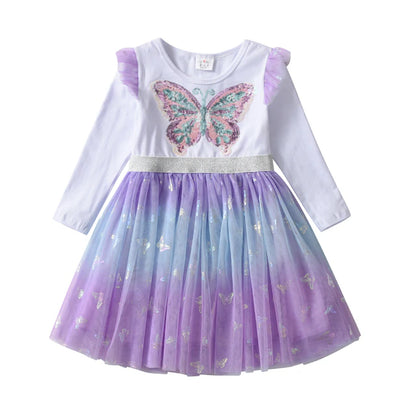 Girls Sequined Dresses Children Unicorn Print Dress Long Sleeve Birthday Party Dress Toddlers Girls Tulle Princess Dresses