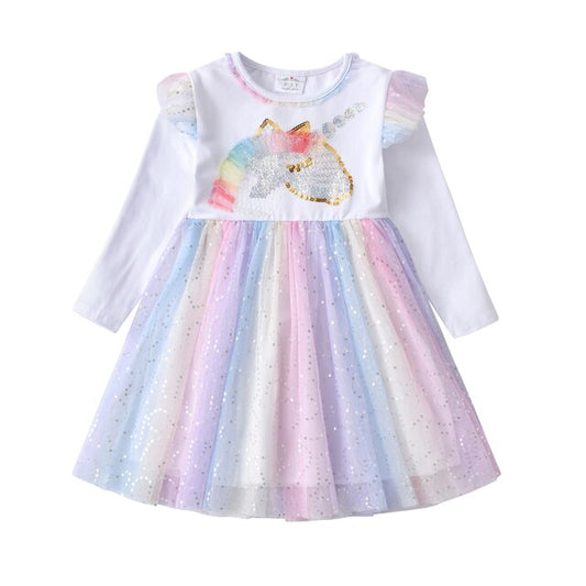Girls Sequined Dresses Children Unicorn Print Dress Long Sleeve Birthday Party Dress Toddlers Girls Tulle Princess Dresses