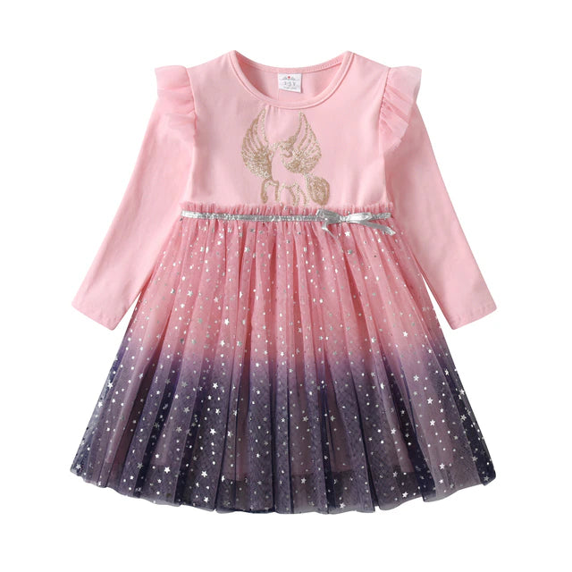 Girls Sequined Dresses Children Unicorn Print Dress Long Sleeve Birthday Party Dress Toddlers Girls Tulle Princess Dresses