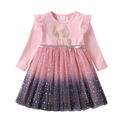 Girls Sequined Dresses Children Unicorn Print Dress Long Sleeve Birthday Party Dress Toddlers Girls Tulle Princess Dresses