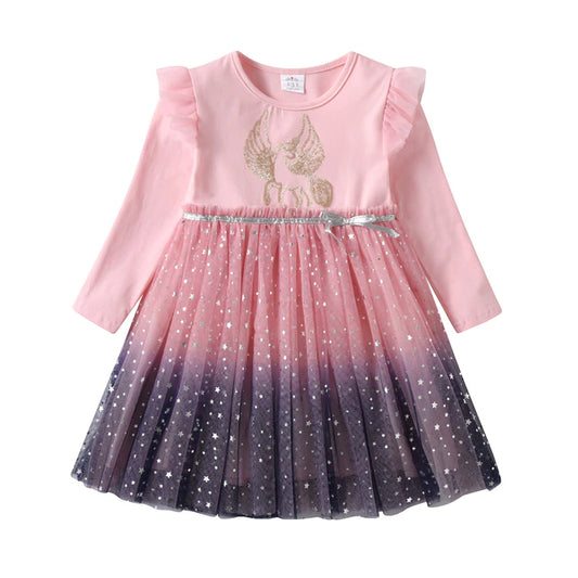 Girls Sequined Dresses Children Unicorn Print Dress Long Sleeve Birthday Party Dress Toddlers Girls Tulle Princess Dresses