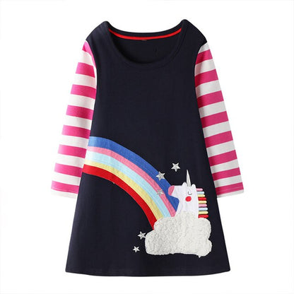 Kids Dress for Girls Autumn Winter Long Sleeve Cotton Dress Rainbow Unicorn Cartoon Print Casual Wear Children Clothes
