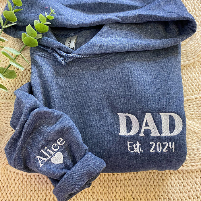 Dad of Two Sweatshirt or Hoodie, Embroidered Kids Names on Sleeve