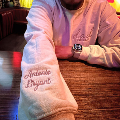 Dad of Two Sweatshirt or Hoodie, Embroidered Kids Names on Sleeve