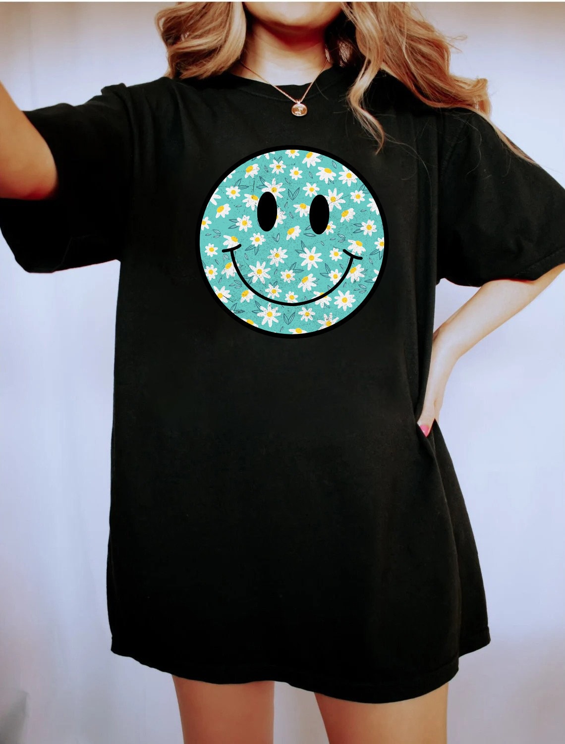 Daisy Flower Pattern Smiley Face Shirt, Retro Smile Shirt, Trendy Smile Face Shirt, Happy Face, Lightning Smiley Shirt, funny shirt