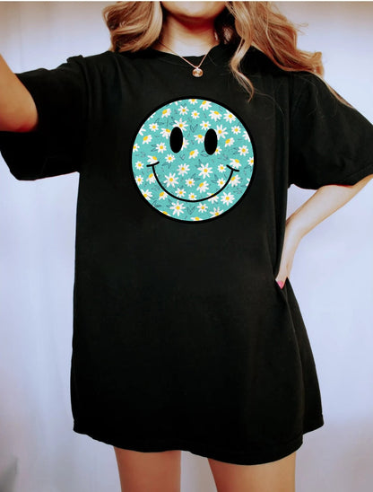 Daisy Flower Pattern Smiley Face Shirt, Retro Smile Shirt, Trendy Smile Face Shirt, Happy Face, Lightning Smiley Shirt, funny shirt