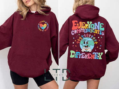 Déanann Gach Duine Cumarsáid Éagsúil Hoodie, Léine Uathachais, Tee Múinteora Uathachais, Léine Feasachta Uathachais, Cochaillín Míosa Uathachais, Bronntanas Múinteora SPED