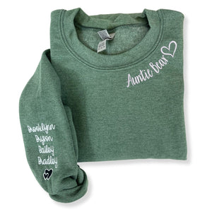 Embroidered Auntie Bear Sweatshirt with Children Name on Sleeve