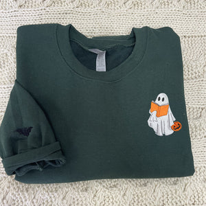 Embroidered Fall Ghost Reading Book Halloween Sweatshirt or Hoodie