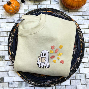 Embroidered Fall Ghost Reading Book Halloween Sweatshirt or Hoodie