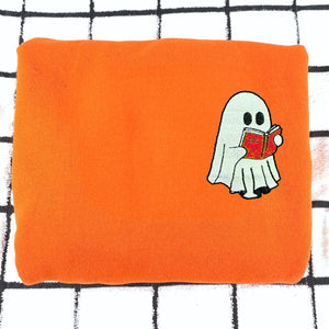 Embroidered Fall Ghost Reading Book Halloween Sweatshirt or Hoodie