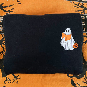 Embroidered Fall Ghost Reading Book Halloween Sweatshirt or Hoodie