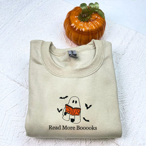 Embroidered Fall Ghost Reading Book Halloween Sweatshirt or Hoodie