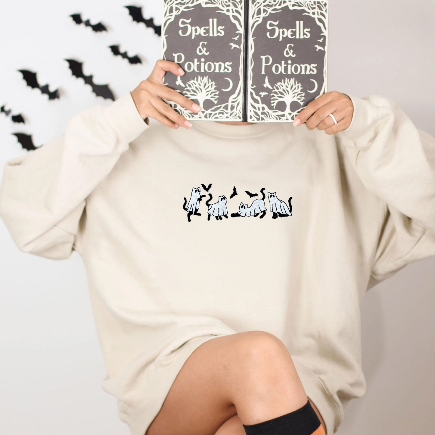 Embroidered Ghost Sweatshirt, Halloween Sweatshirt, Ghost with Black Cat Hoodie