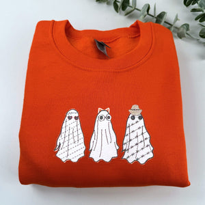 Embroidered Halloween Crewneck, Three Ghost Sweatshirt for Women Men