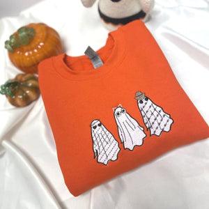 Embroidered Halloween Crewneck, Three Ghost Sweatshirt for Women Men