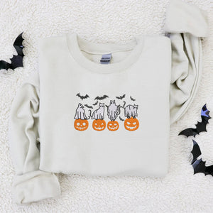 Embroidered Halloween Crewneck with Pumpkin, Bats, Cats Ghost Sweatshirt, Hoodie