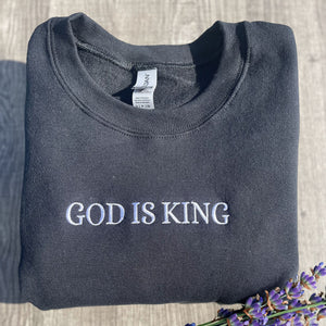 Embroidered Jesus is king Sweatshirt or Hoodie with Cross Floral on Sleeve