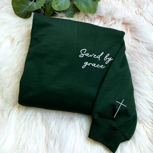 Embroidered Saved by Grace Sweatshirt, Custom Cross on Sleeve