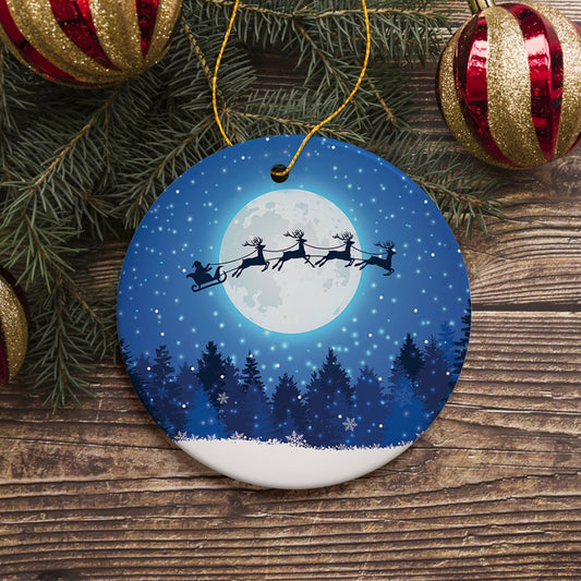Santa Claus and Reindeer Silhouette over Full Moon Ornament, Nighttime Forest Snow Scene
