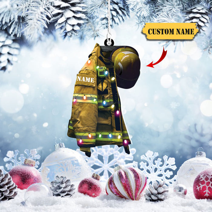 Firefighter Suits With Christmas Light Personalized Flat Ornament - Gift For Firefighters