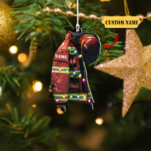 Firefighter Suits With Christmas Light Personalized Flat Ornament - Gift For Firefighters