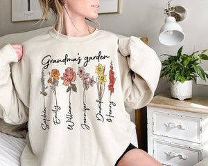 Grandma's Garden with Custom Birth Flowers and Names on Sleeve, Mothers Day Gift, Unique Nana Gift, Personalized Birthday Gift, Cool Mom Tee