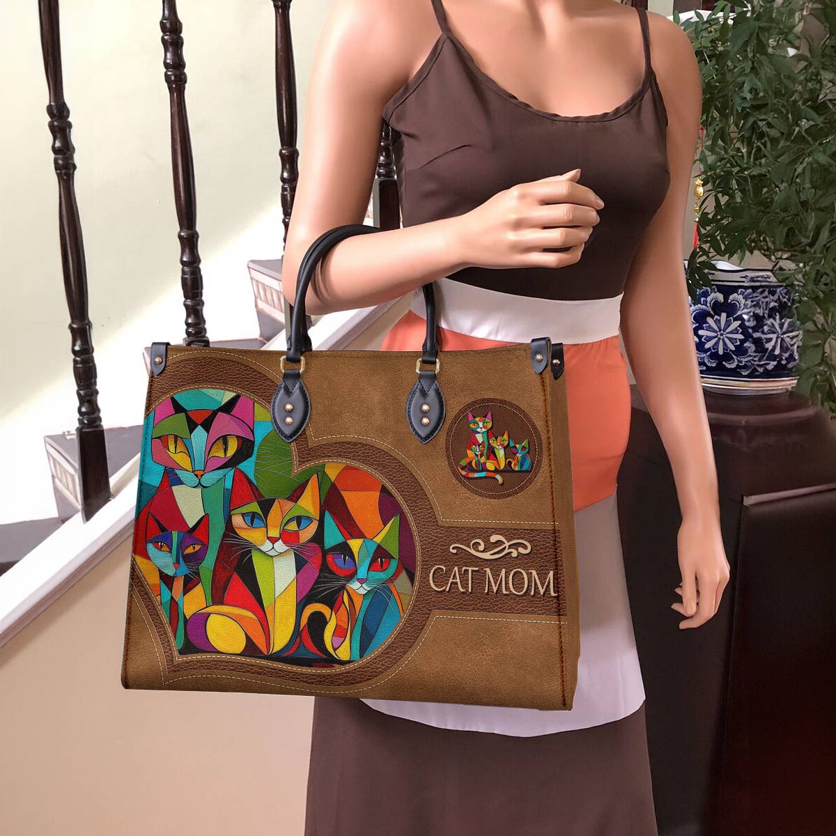 Leather Bag Colorful Cubism Cat Mom