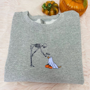 Ghost Dog Sweatshirt, Skeleton Halloween Embroidered Crewneck or Hoodie