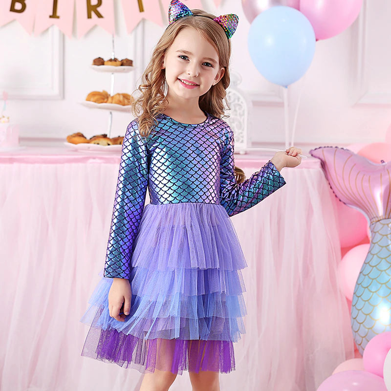 Baby Girls Dresses Flying Sleeve Winter Princess Dress For Girls Colorful Children Birthday Party Costumes Cartoon Dresses