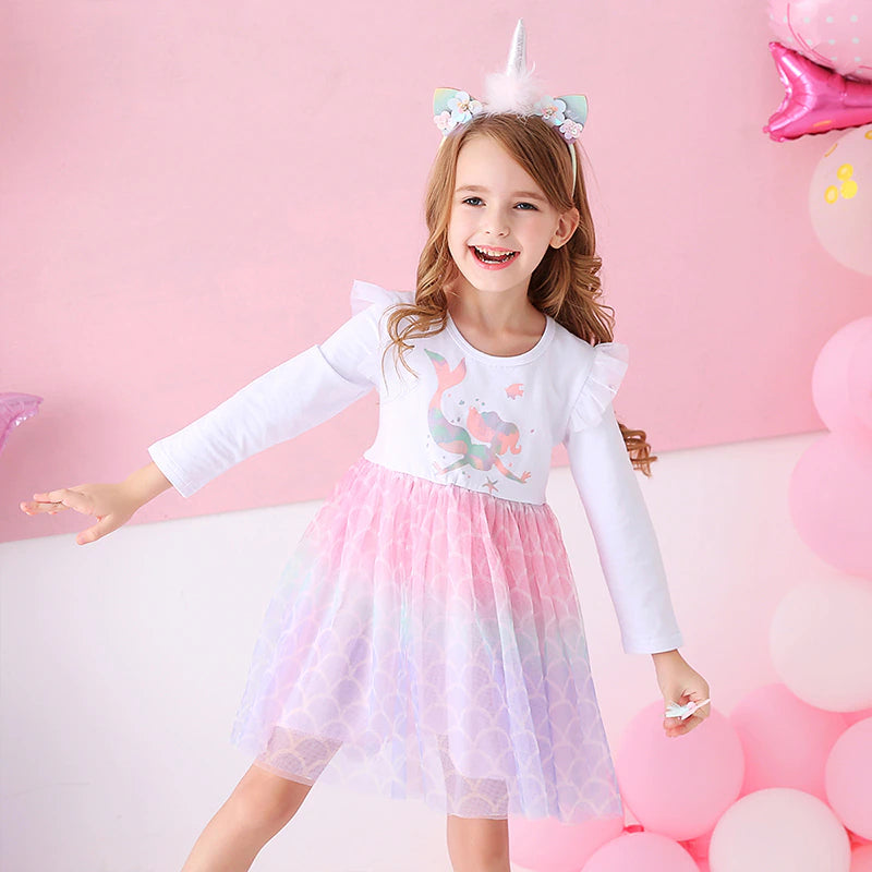 Baby Girls Dresses Flying Sleeve Winter Princess Dress For Girls Colorful Children Birthday Party Costumes Cartoon Dresses