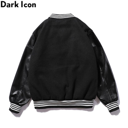 Dark Icon PU Leather Patchwork Bomber Jacket Embroidery Padded Thick Winter Men's Jackets Baseball Jacket Man