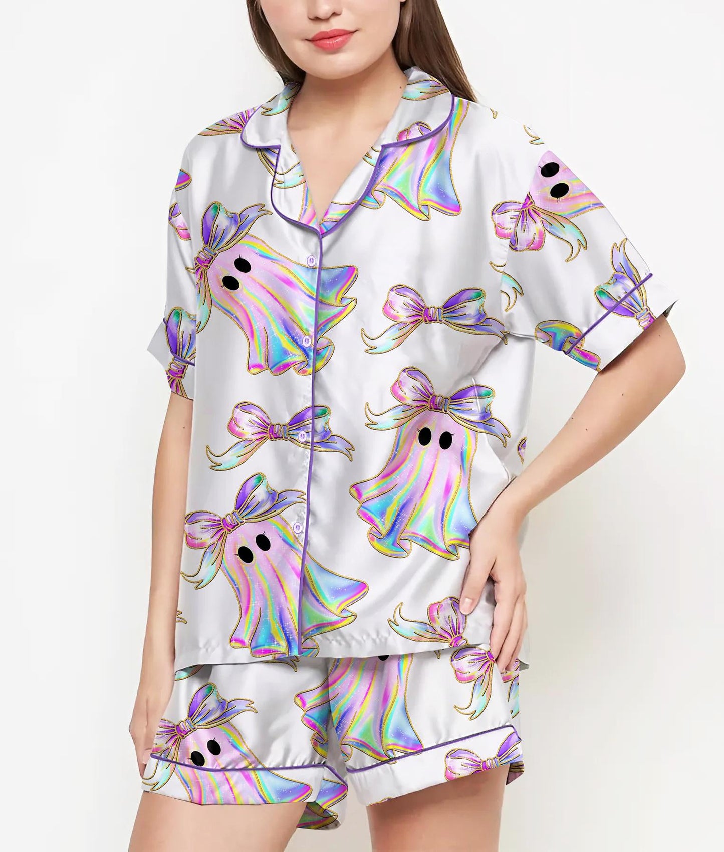 Halloween Gifts, Halloween Shirt, Pajamas Satin Set, Ghost Shirt, Ghost Shirt Design, Gift For Women, Halloween Coquette, Spooky Season