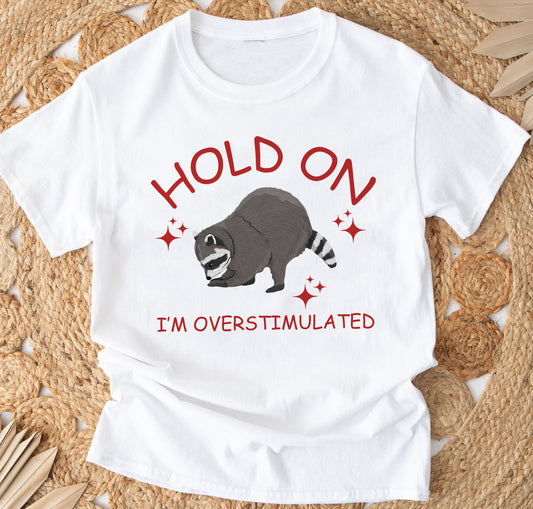 Hold On I'm Overstimulated Shirt, Retro Funny Adult T-shirt, Funny Raccoon Shirt, Meme Shirt, Relaxed Cotton Shirt, Funny Friends Gifts