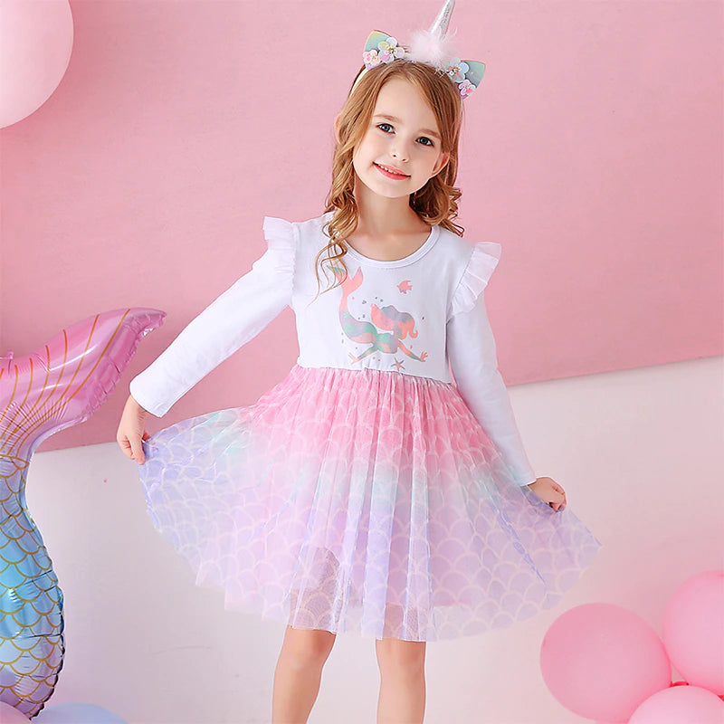 Baby Girls Dresses Flying Sleeve Winter Princess Dress For Girls Colorful Children Birthday Party Costumes Cartoon Dresses