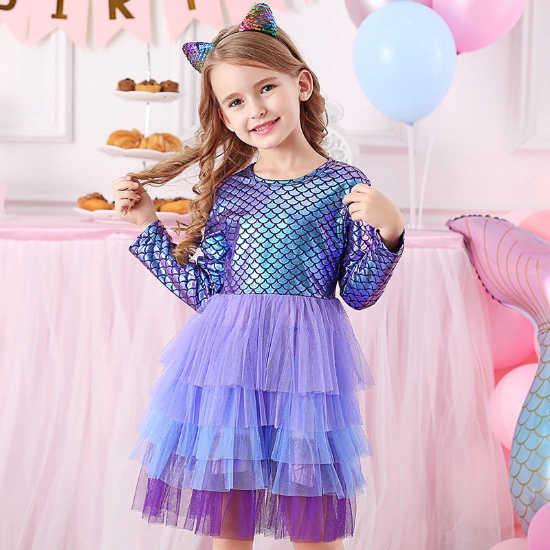 Baby Girls Dresses Flying Sleeve Winter Princess Dress For Girls Colorful Children Birthday Party Costumes Cartoon Dresses