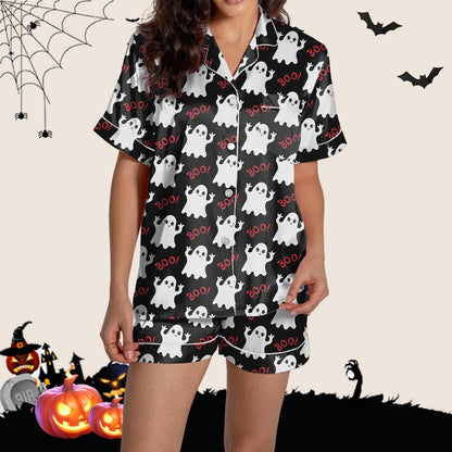 Halloween Blue Pajamas for Women Set Women Pajamas Graphic Printed Silk Satin Cute Sleepwear Buttons Short Sleeve Tops Shorts Sets Womens Sleepwear_Black_S