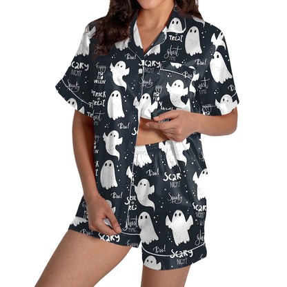 Halloween Blue Pajamas for Women Set Women Pajamas Graphic Printed Silk Satin Cute Sleepwear Buttons Short Sleeve Tops Shorts Sets Womens Sleepwear_Navy_S