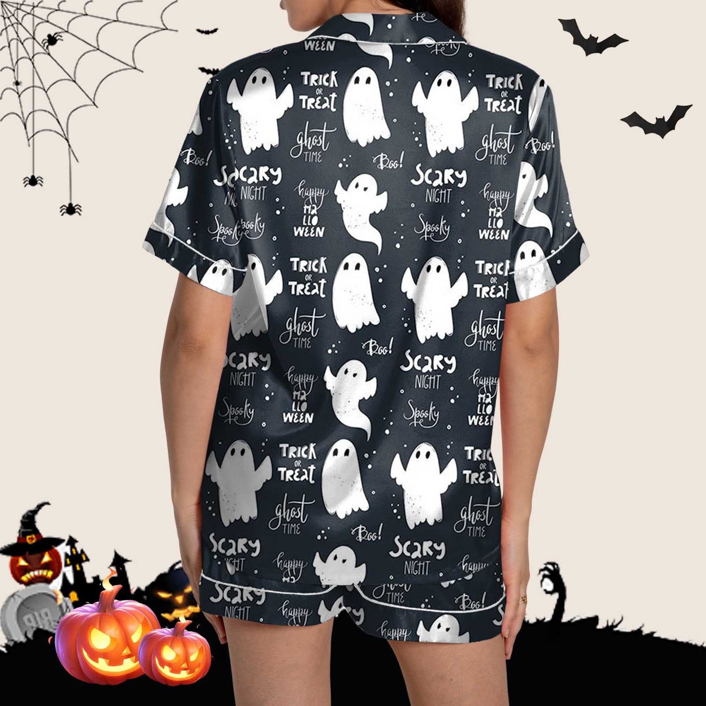 Halloween Blue Pajamas for Women Set Women Pajamas Graphic Printed Silk Satin Cute Sleepwear Buttons Short Sleeve Tops Shorts Sets Womens Sleepwear_Navy_S