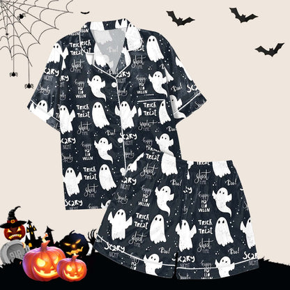 Halloween Blue Pajamas for Women Set Women Pajamas Graphic Printed Silk Satin Cute Sleepwear Buttons Short Sleeve Tops Shorts Sets Womens Sleepwear_Navy_S