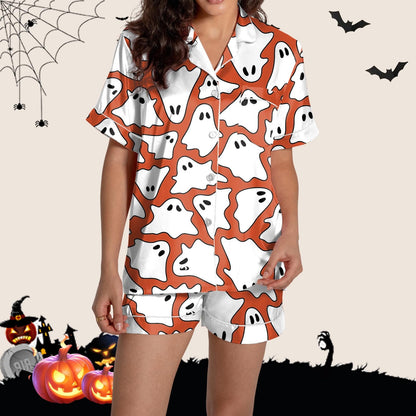 Halloween Blue Pajamas for Women Set Women Pajamas Graphic Printed Silk Satin Cute Sleepwear Buttons Short Sleeve Tops Shorts Sets Womens Sleepwear_Orange_M