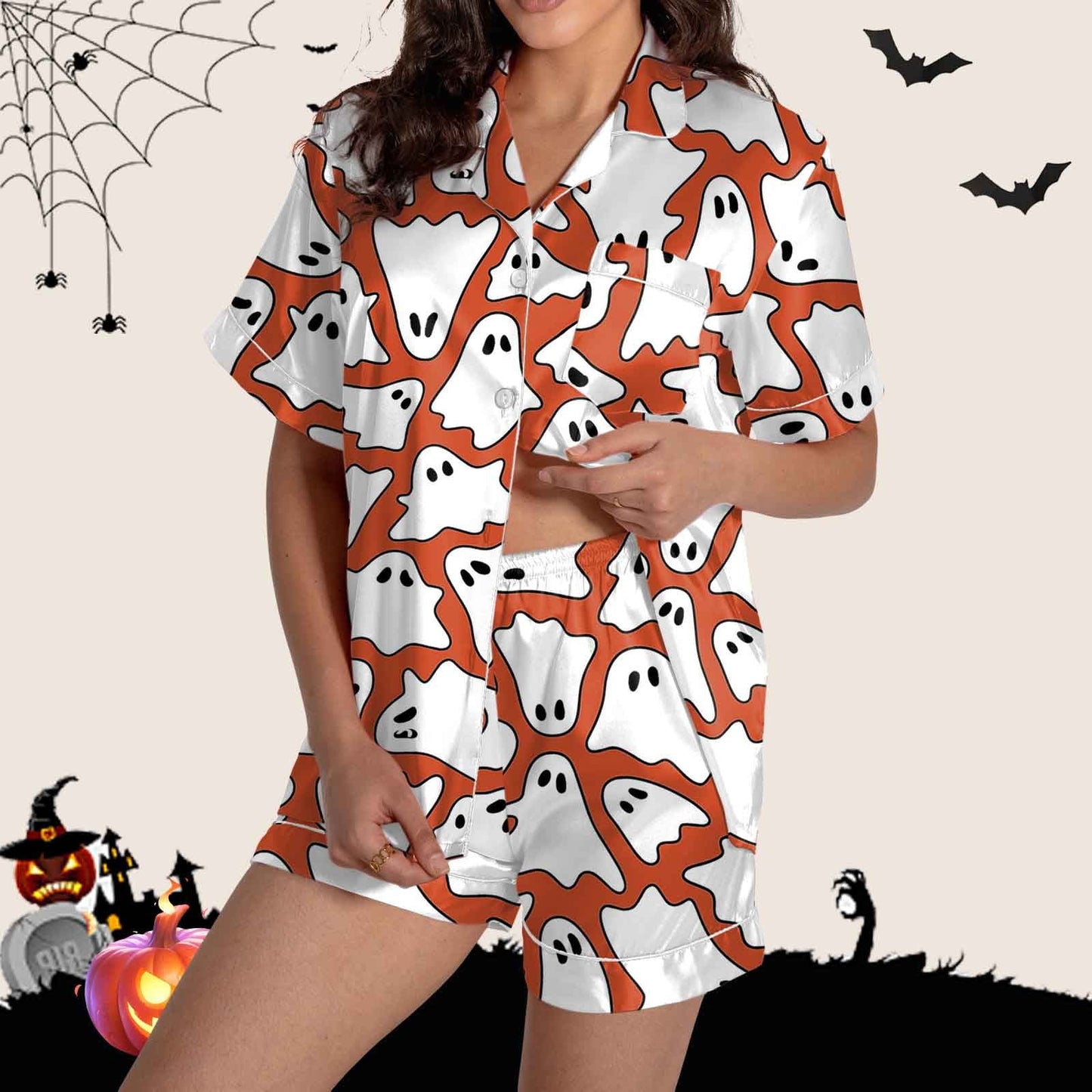 Halloween Blue Pajamas for Women Set Women Pajamas Graphic Printed Silk Satin Cute Sleepwear Buttons Short Sleeve Tops Shorts Sets Womens Sleepwear_Orange_M